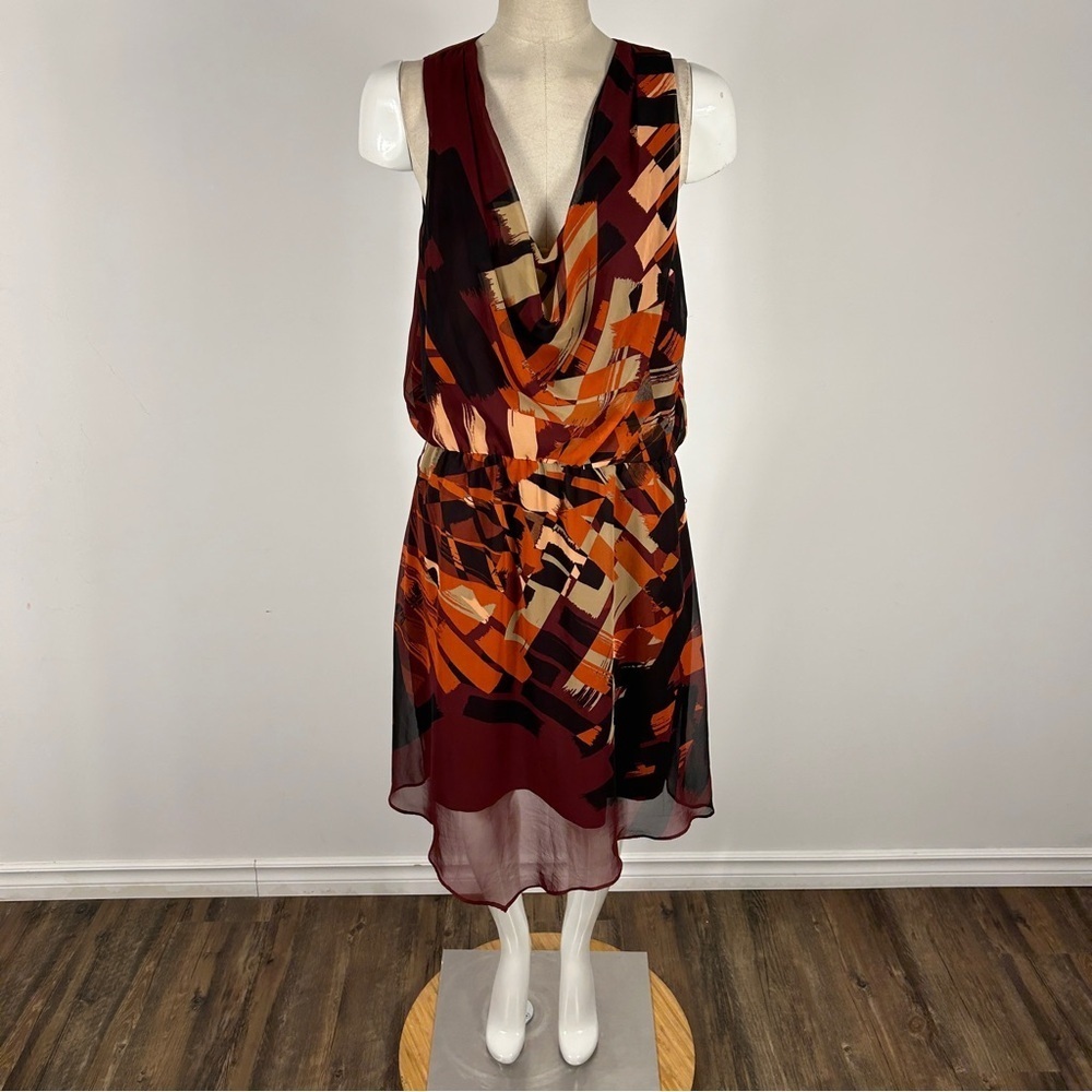 Le Chateau Abstract Burgundy and Orange Midi Dress